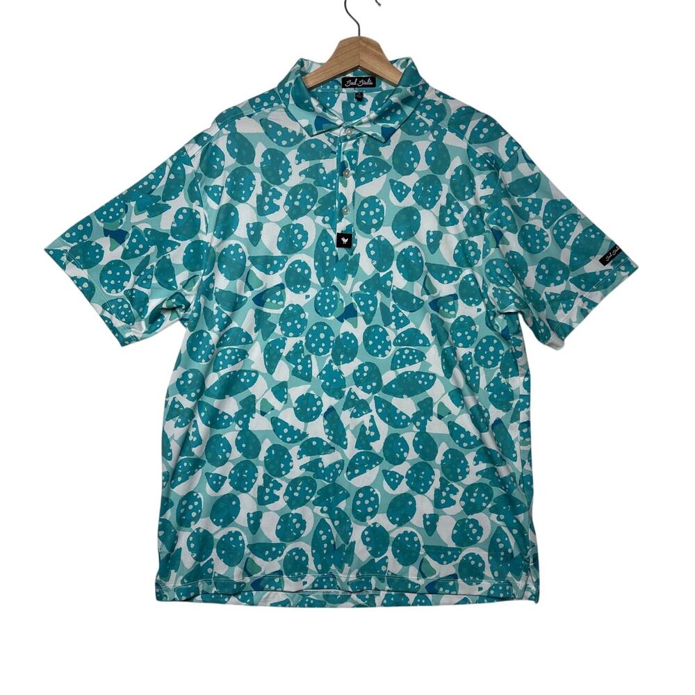 Bad Birdie Teal White Abstract Dot Golf Polo Performance Stretch Men’s Sz XL